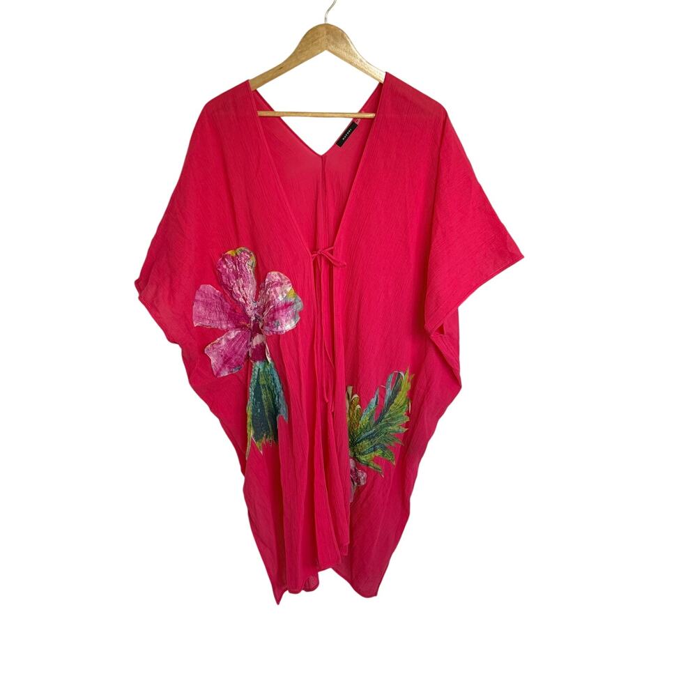 Natori Hibiscus Pink Cotton Gauze Floral Applique Cover Up XS/S - Picture 2 of 8